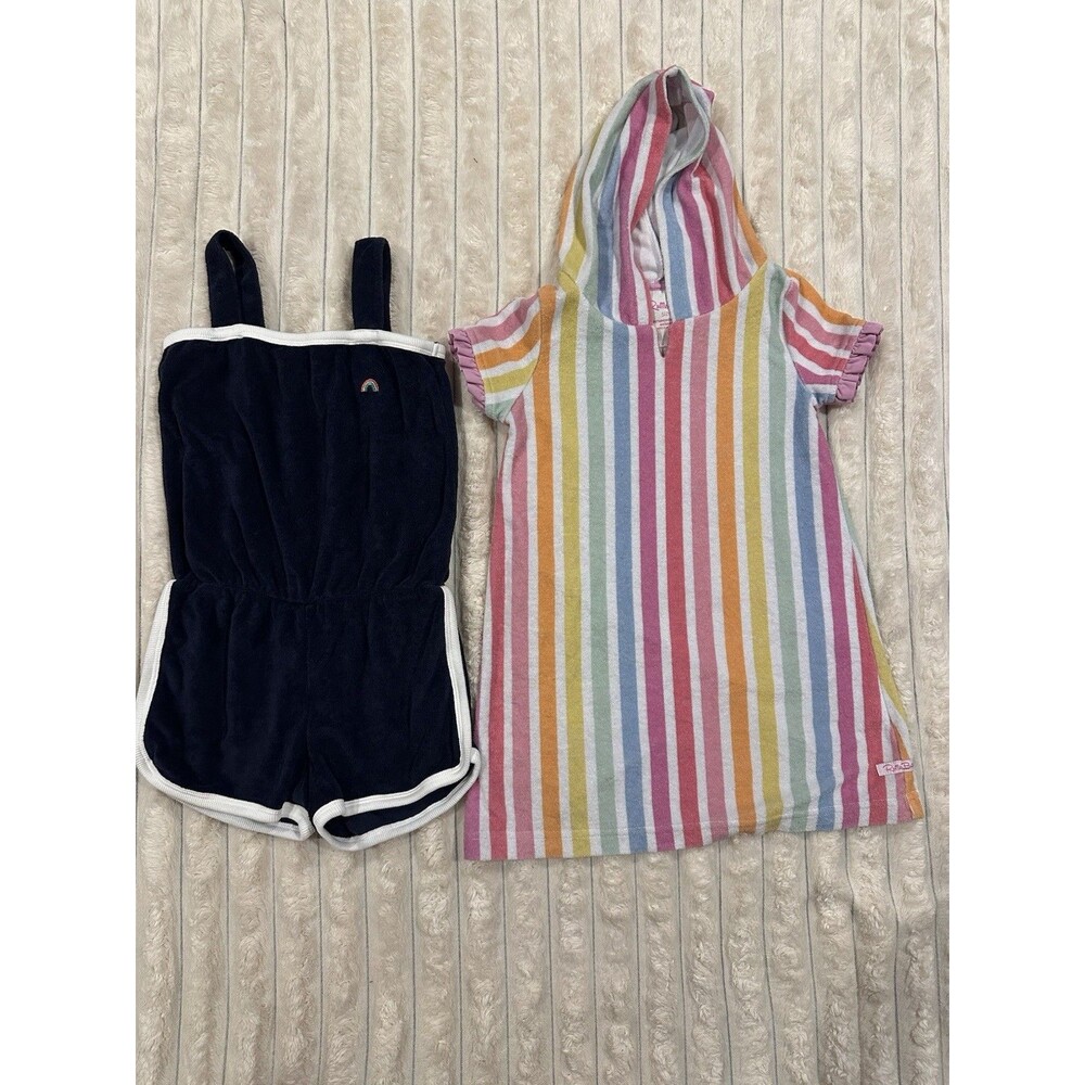 EUC Lot of 2 Girls Beach Swim Cover-ups Size 4/5 XS Navy Romper & Hooded Dress